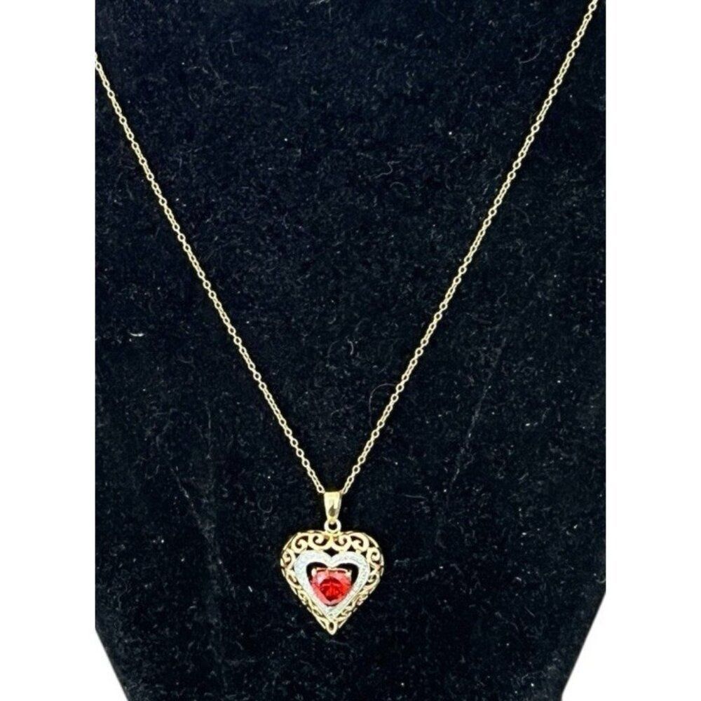 Sterling Silver Gold Vermeil Heart Red CZ Necklace 18 in Chain Pavoi W Box